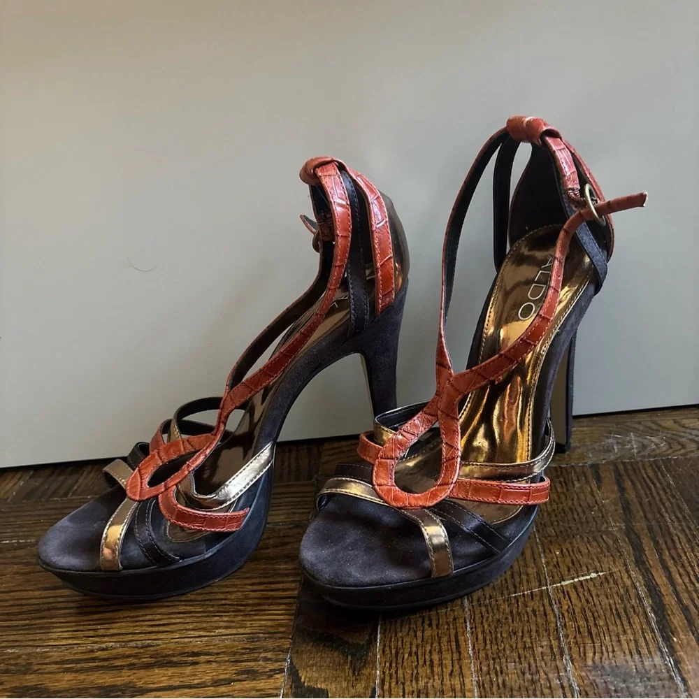 ALDO Red Brown and Gold Strappy High Heel Sandals - Picture 10 of 10